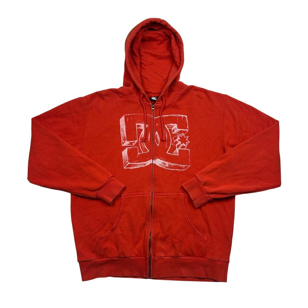 Y2K DC Shoes Hoodie Mens Large Orange Distressed Logo Zip Up Skate Sweatshirt
